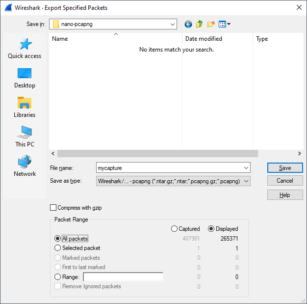 Export specified displayed packets