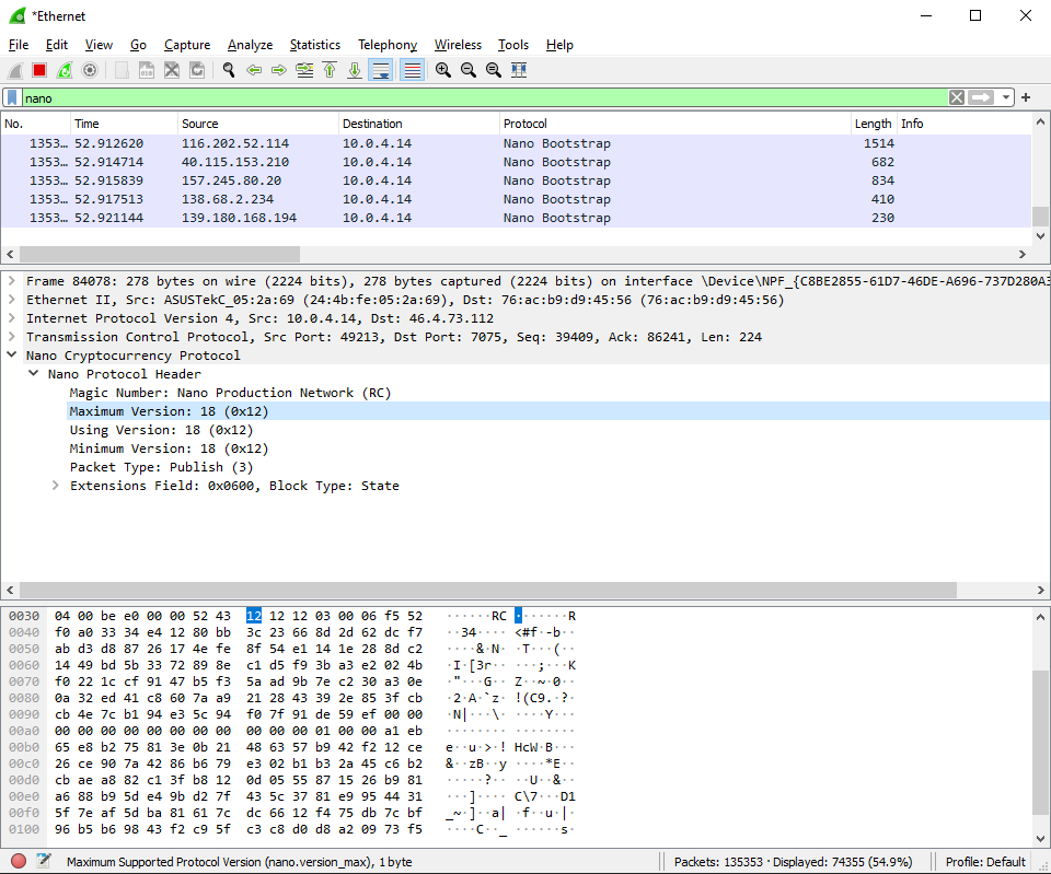 Wireshark screenshot capturing Nano packets